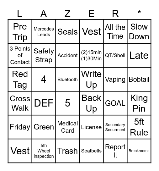 Driver Meeting Bingo 5/13/2026 Bingo Card