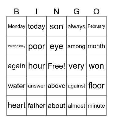 Heart Word Bingo Card