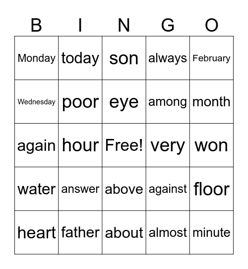 Heart Word Bingo Card