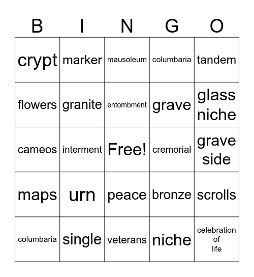 memorial park bingo Card