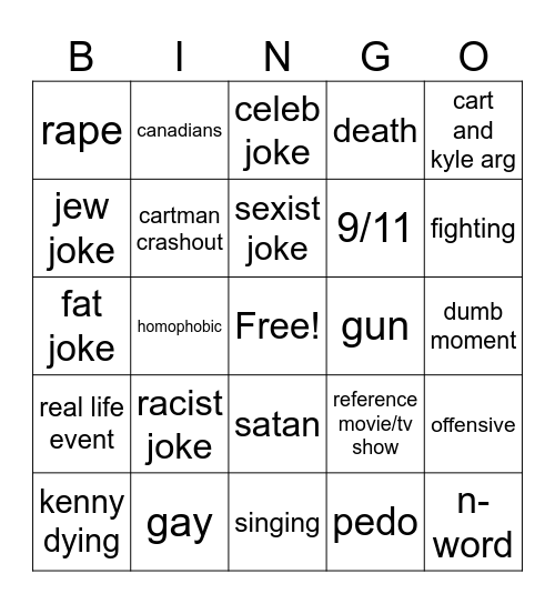 south park Bingo Card