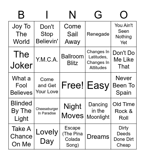 70's Mix Bingo Card