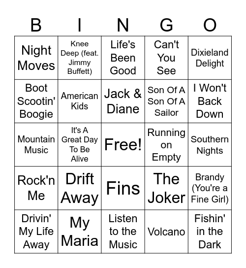 Jimmy Buffet Mix Bingo Card