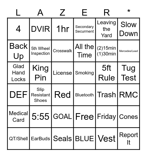 Driver Meeting Bingo 5/13/2026 Bingo Card