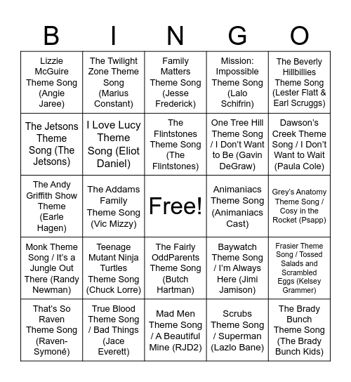 TV Show Theme Songs Bingo Card