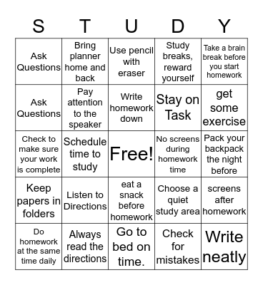 Study Skills Bingo Card