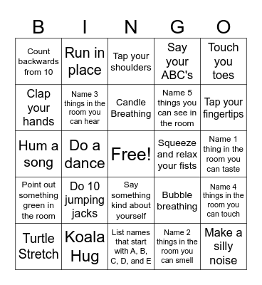 Coping Skills Bingo Card