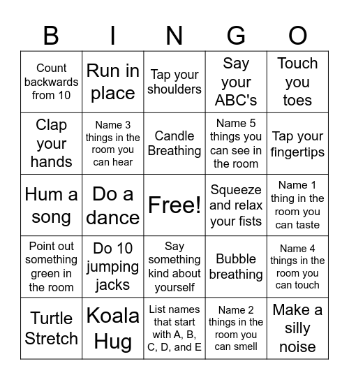 Coping Skills Bingo Card