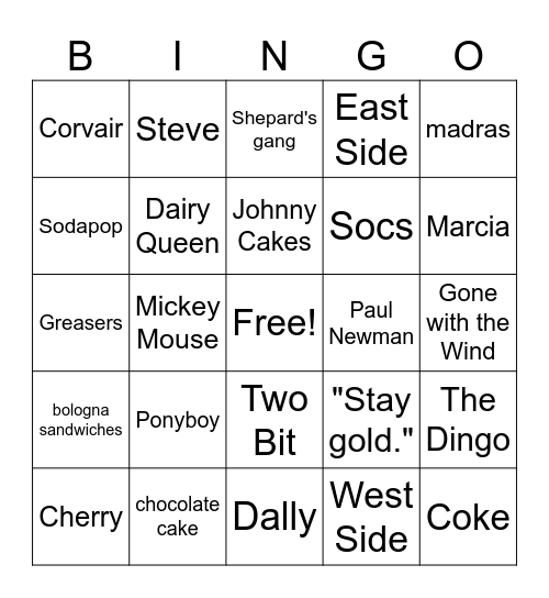 The Outsiders Bingo Card