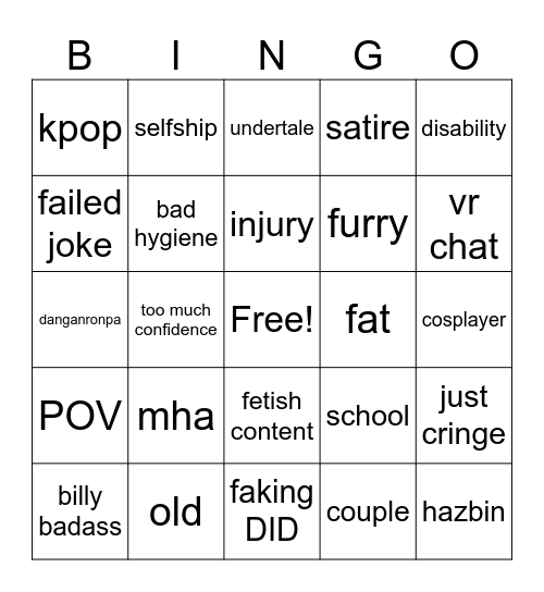 cringe bingo Card