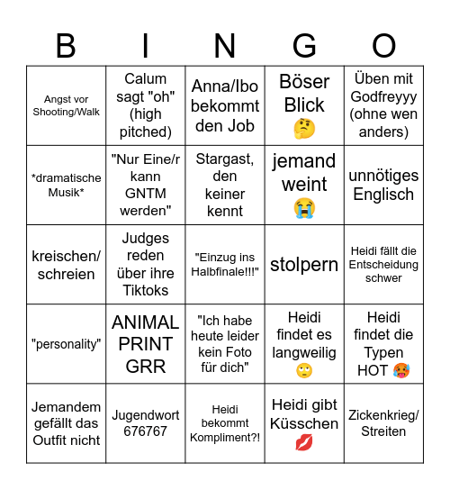 GNTM Einzug Halbfinale Bingo Card