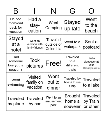 Vacation Bingo Card