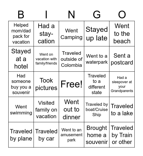 Vacation Bingo Card