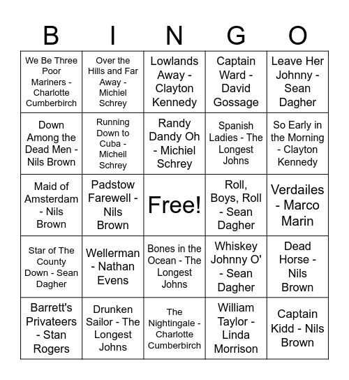 Sea Shanty bingo Card