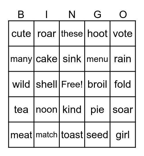 words Bingo Card