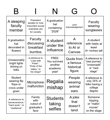 Spring 2026 Graduation Bingo Card