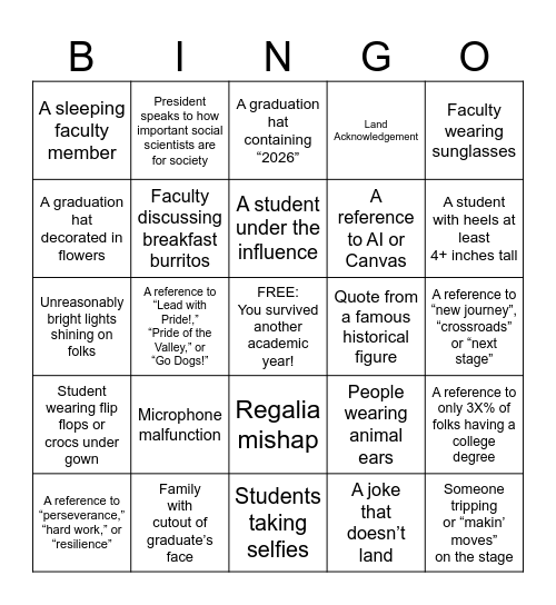 Spring 2026 Graduation Bingo Card