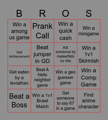 Bro Vs Bro Bingo Card