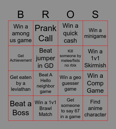 Bro Vs Bro Bingo Card