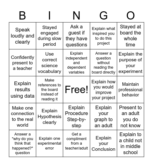 Science Fair BINGO Card