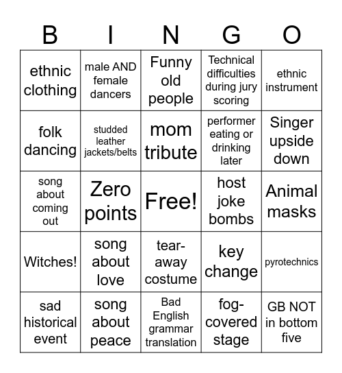Eurovision Bingo Card