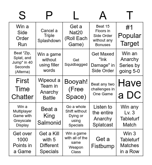 Splatoon 3 Bingo Card