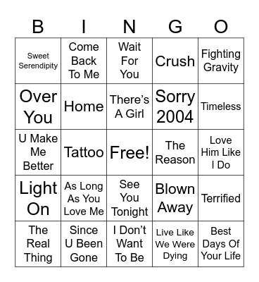 American Idol Alumni Bingo Card