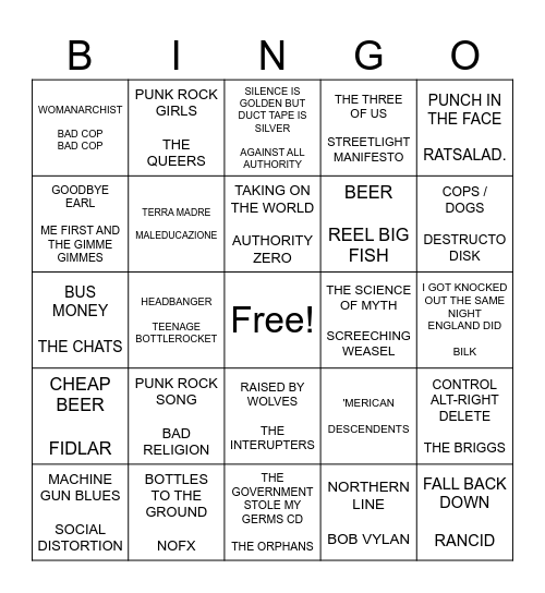SF PUNK BINGO ROUND 1 Bingo Card