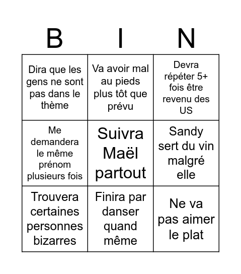 Sandy au mariage Bingo Card