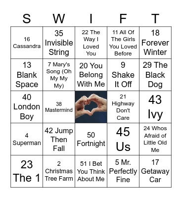 Love Story Pre-Party Music Bingo Card