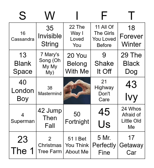 Love Story Pre-Party Music Bingo Card