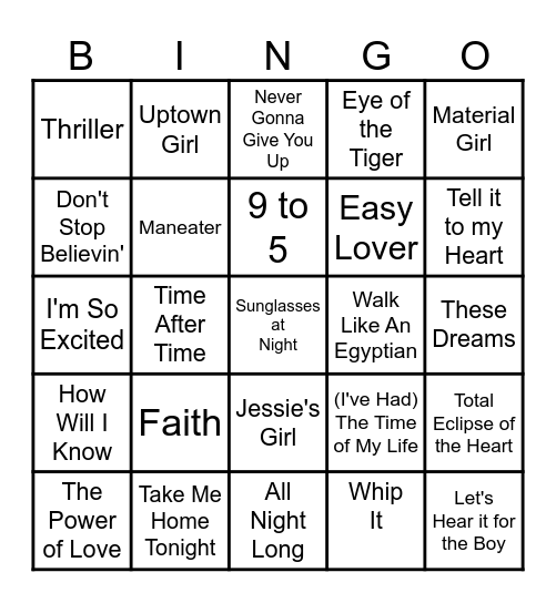 80'S Bingo Card