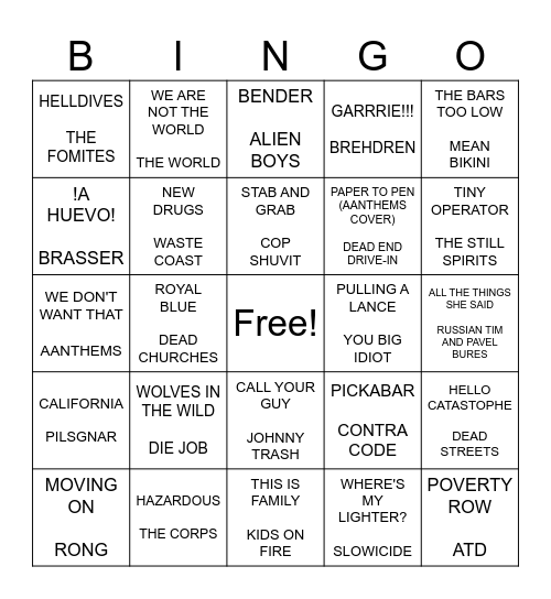 SF PUNK BINGO ROUND 3 Bingo Card