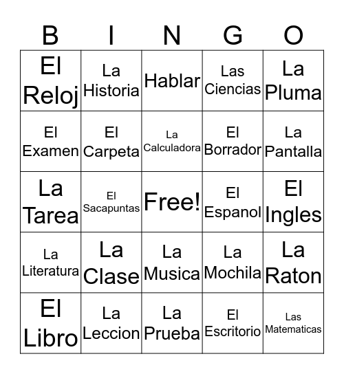 Spanish Bingo Card