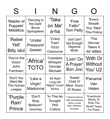 Through the decades... ROUND 1 (1 Line) .. The 80's Bingo Card