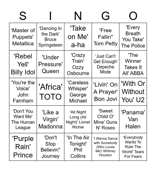 Through the decades... ROUND 1 (1 Line) .. The 80's Bingo Card