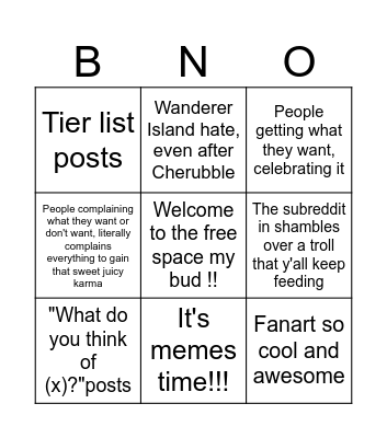 The MSM Subreddit Bingo Card