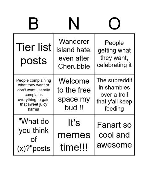 The MSM Subreddit Bingo Card