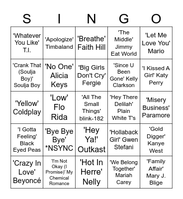Through the Decades.. Round 3 (4 Corners and One Line).. The 2000's Bingo Card