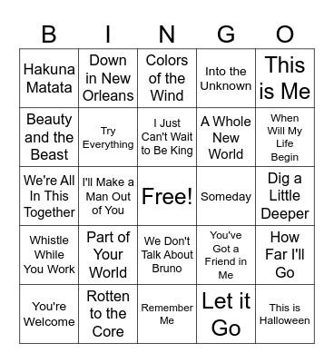 Disney Singo Bingo Card