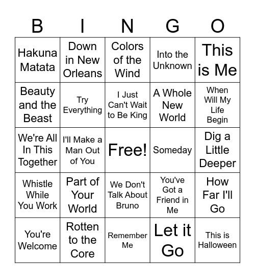 Disney Singo Bingo Card