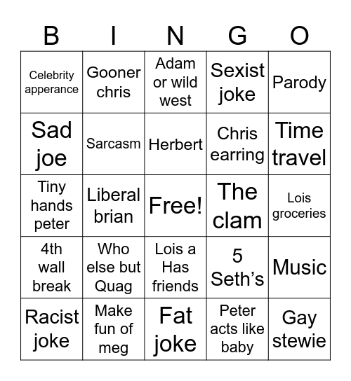 Family guy Bingo Card