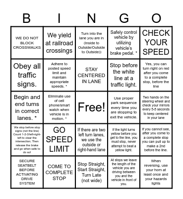 ROAD TEST BINGO Card