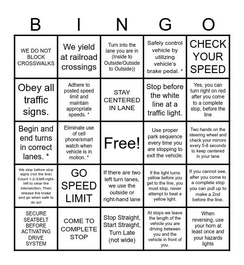 ROAD TEST BINGO Card