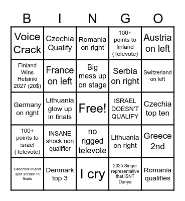 EUROVISION 2026 Bingo Card