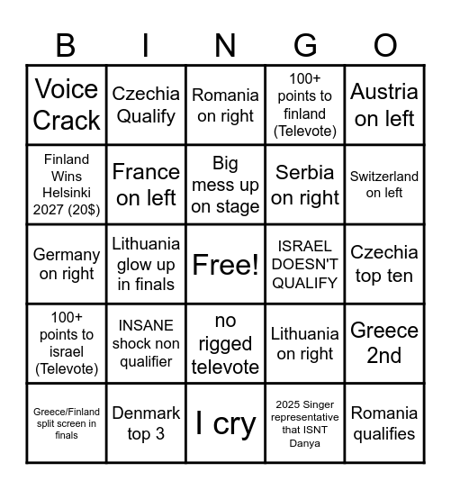 EUROVISION 2026 Bingo Card