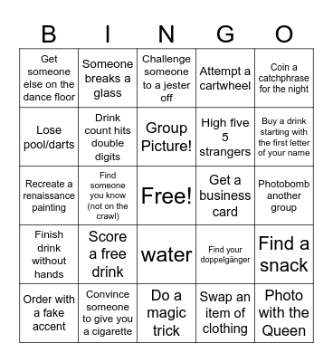 Ruby’s Royal Pub Crawl Bingo Card
