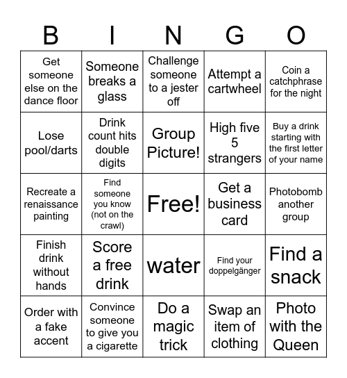 Ruby’s Royal Pub Crawl Bingo Card