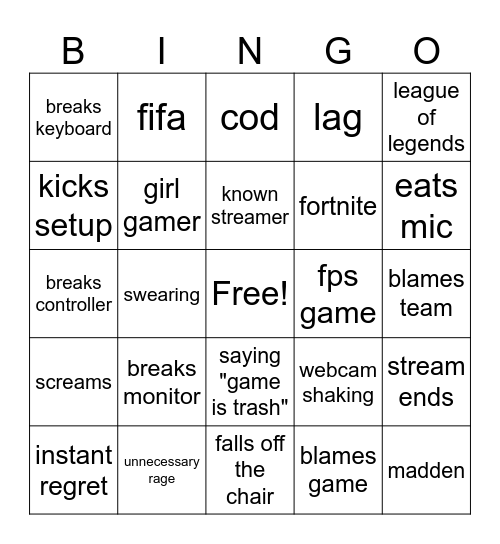 Gamer Rage Bingo Card