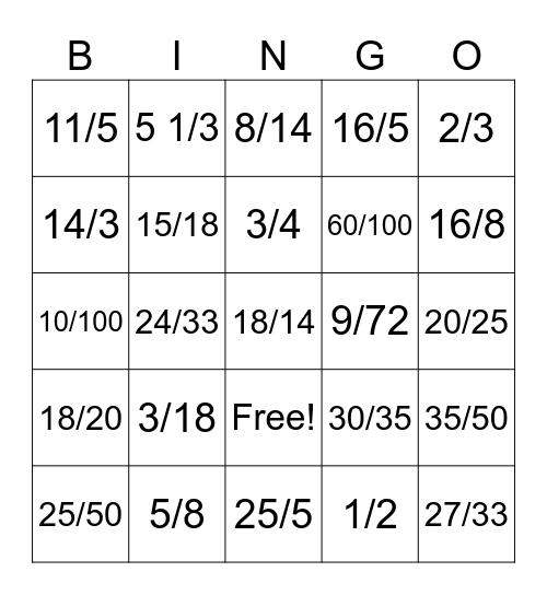 Fraction Bingo Card